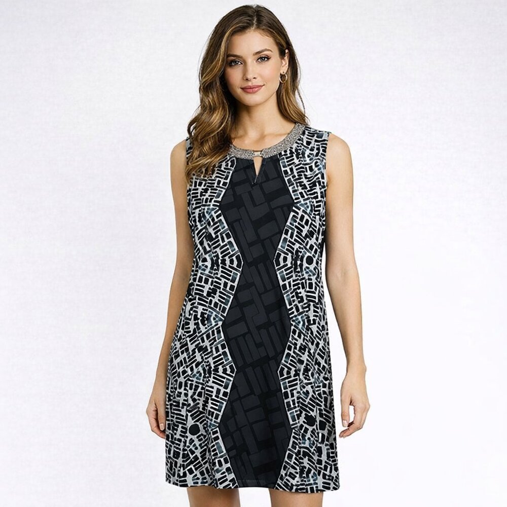 ALFANI MULTI COLOR KNIT BODYCON DRESS W/CHAIN/RHINESTONE NECKLINE-SZ: XL